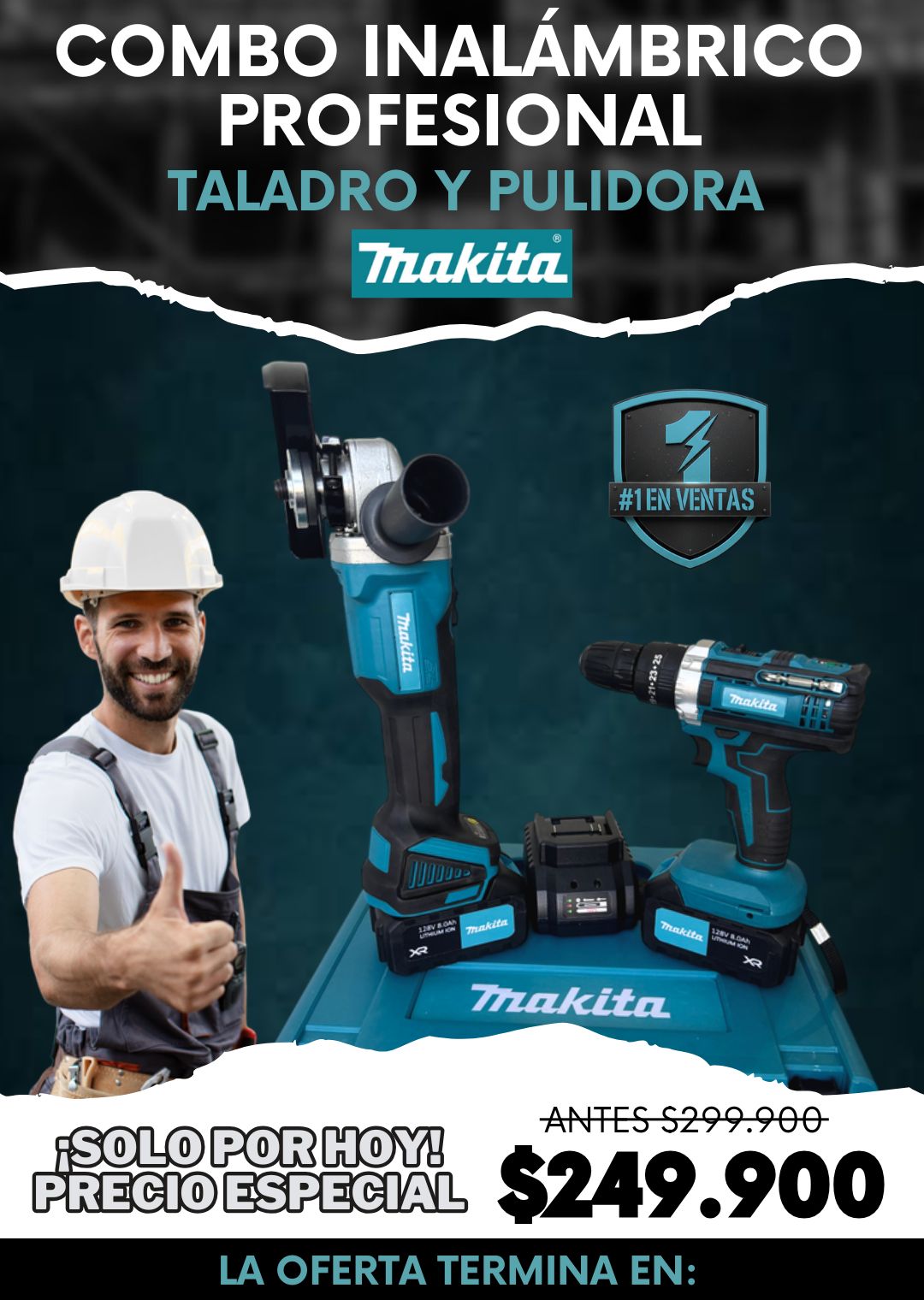 Combo Inalámbrico Profesional Taladro y Pulidora Makita