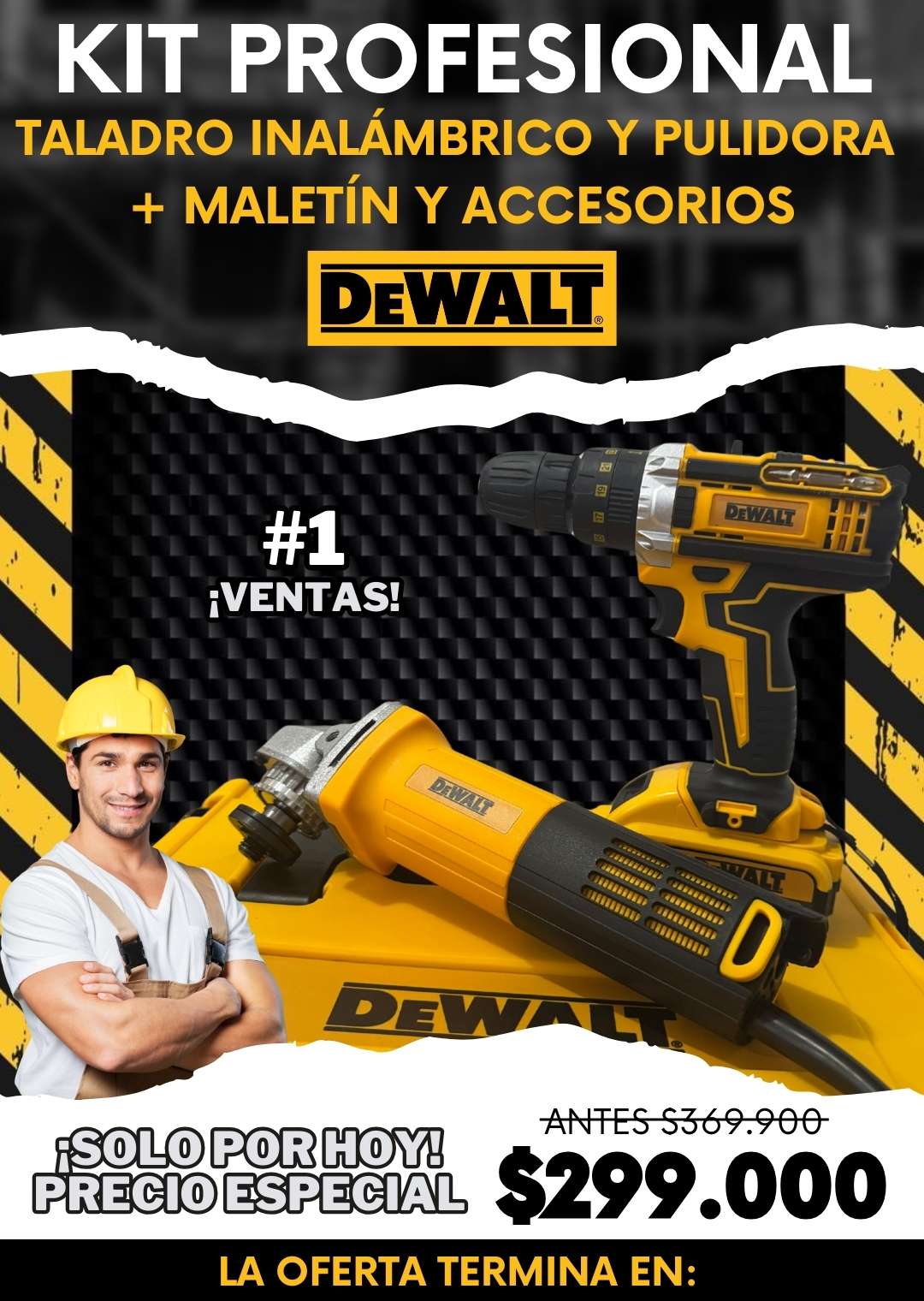 KIT TALADRO INALÁMBRICO Y PULIDORA DEWALT + MALETIN + ACCESORIOS