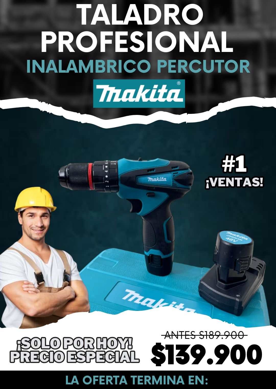 Taladro Inalámbrico Profesional Makita 48V + Maletín y Accesorios